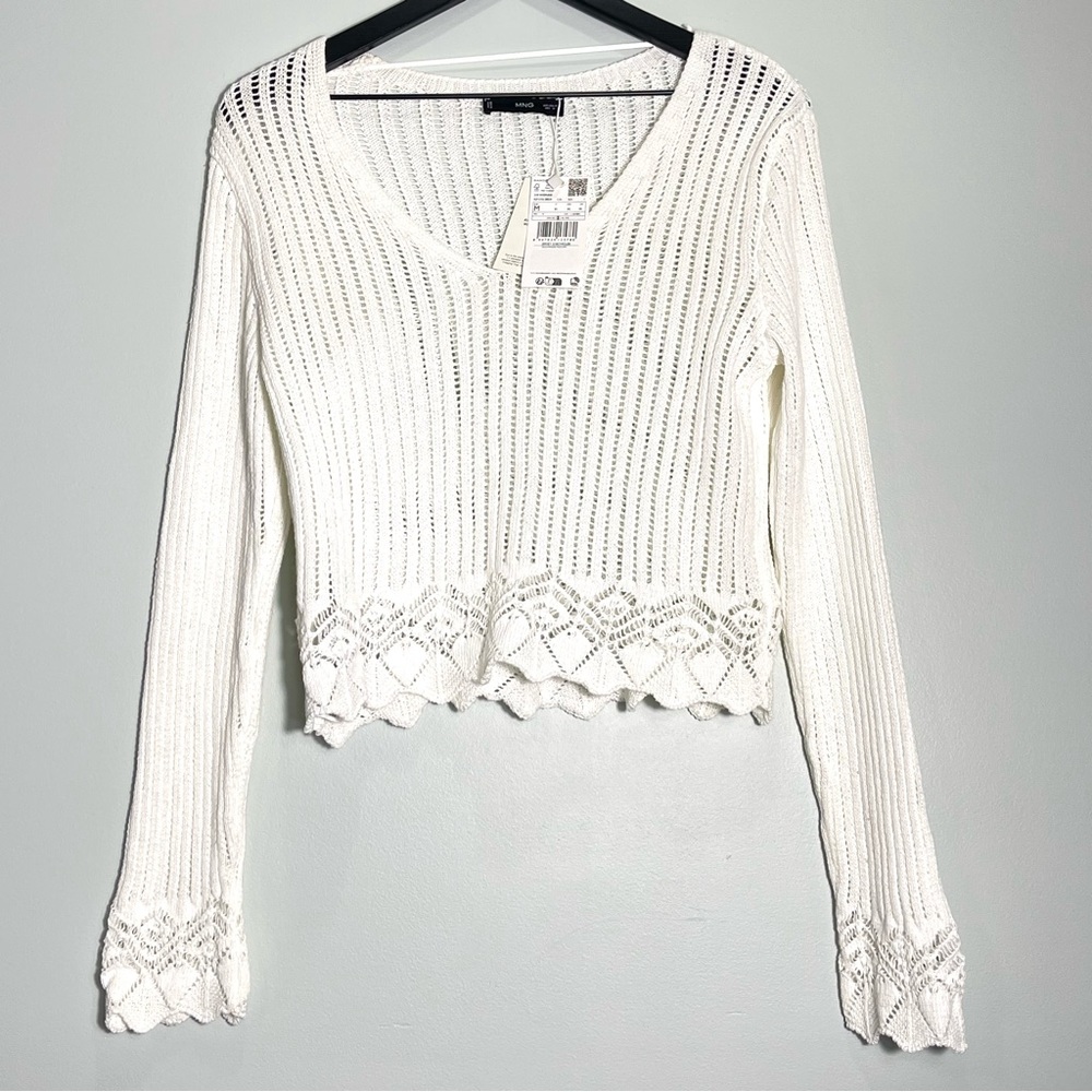 NWT MANGO MNG Women's White Loose Knit Sweater Lace Look Trim Size Medium